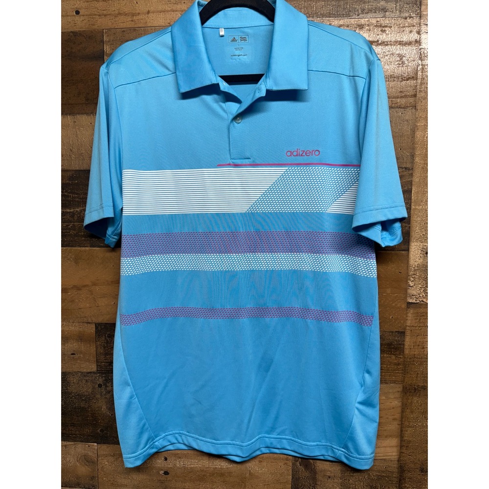 Adidas Golf Adizero Mens Small Blue Pink Geometric Stripe Performance Polo Shirt